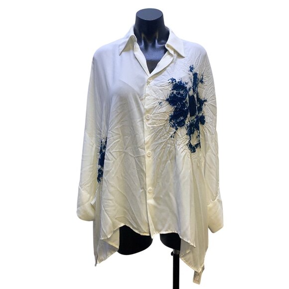 NWT Y's White & Indigo Tie-Dye Oversized Blouse, Size Small (2) - Picture 1 of 9